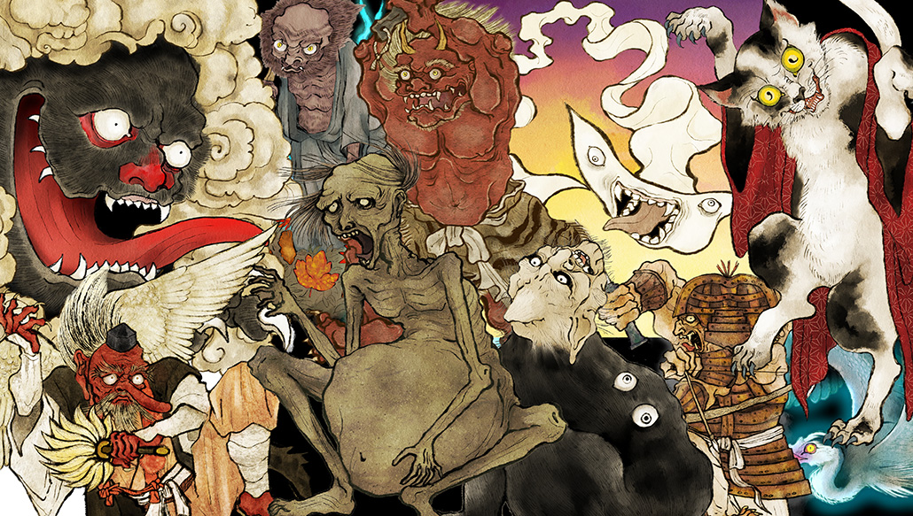 妖怪イラストレーター　化け猫イラスト　餓鬼　地獄絵図　天狗　一反木綿　両面宿儺 赤舌　日本画イラストレーター